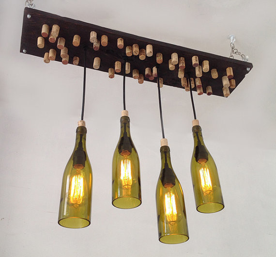 Recycled Wine Bottle Chandelier with Corks and Edison Bulbs Rustic