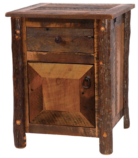 Enclosed Nightstand Barnwood with Hickory Log Legs Rustic