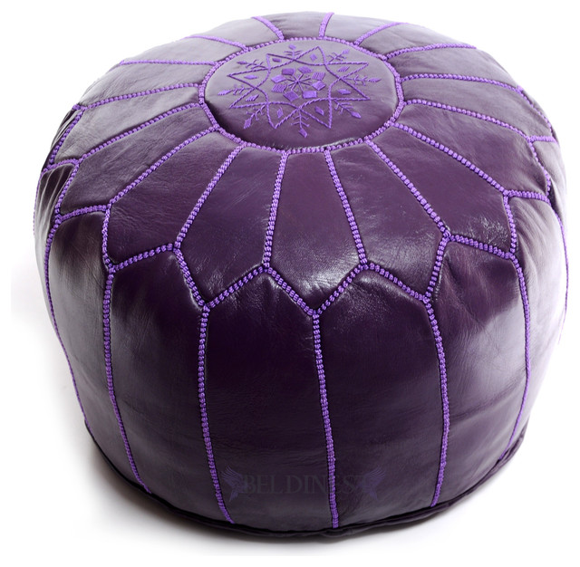 Moroccan Pouf, Purple Leather Pouf, Round Ottoman Foot Stool Pouffe