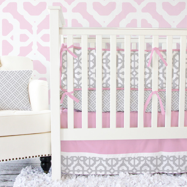Pink and Gray Mod Crib Bedding, 2pc Set Transitional Baby Bedding
