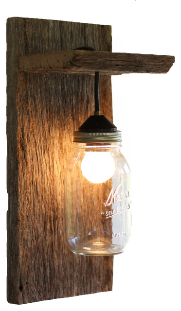 Barn Wood Mason Jar Light Fixture, Without Rope Detail - Rustic - Wall Sconces - by Grindstone ...