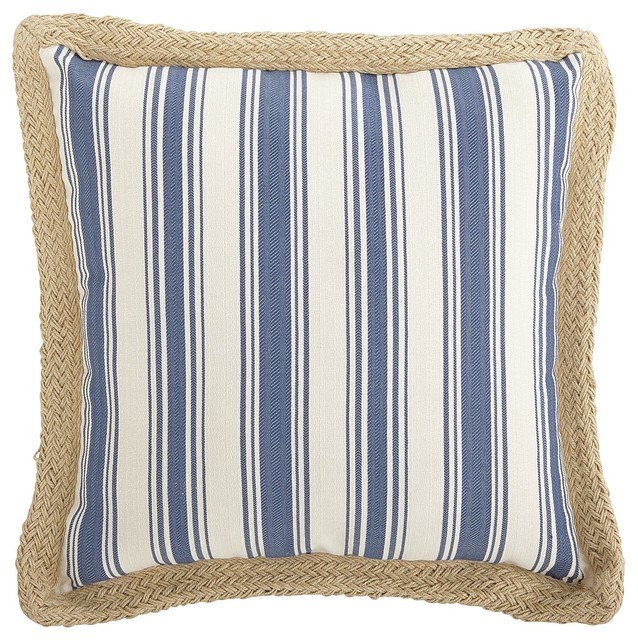 Jute Trim Woven Serge Stripe Pillow, Blue Beach Style Decorative