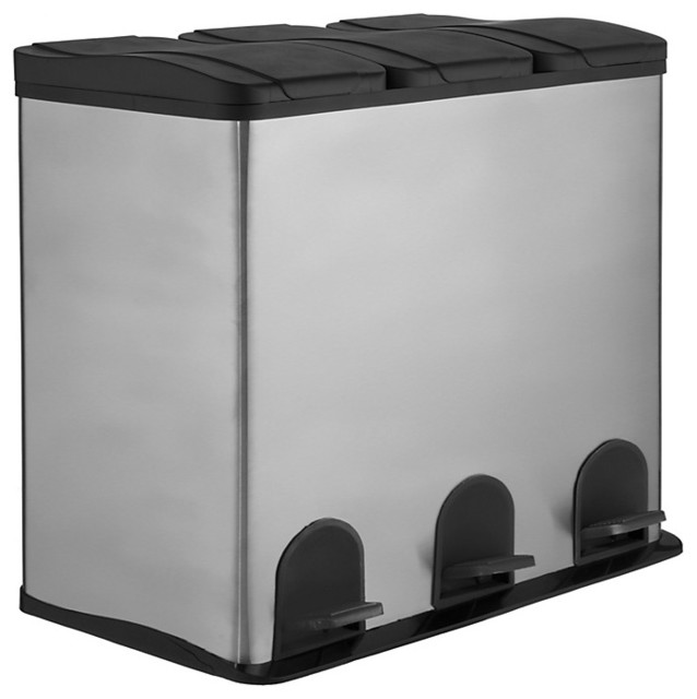 3 Section Recycling Bin, Stainless Steel, 3x 20L Modern Recycling