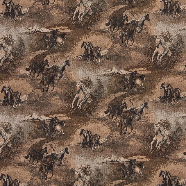 Beige Wild Horses Galloping Themed Tapestry Upholstery Fabric By The