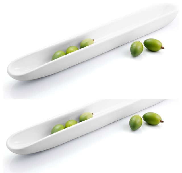 White Porcelain Elongated Olive Boat Dishes, Set of 2 Contemporary