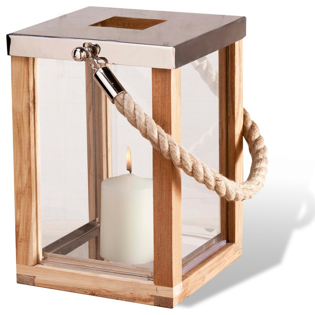 Pair of Montego Coastal Style Teak Wood Candle Lantern with Rope Handle