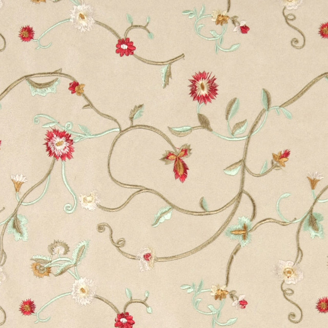 Beige Red Green Ivory Embroidered Floral Suede Upholstery Fabric By The