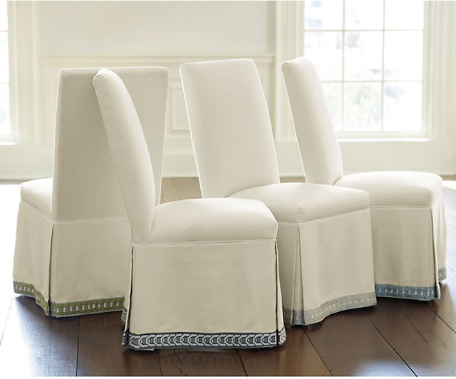 Upholstered Parsons Chair in Suzanne Kasler Parchment Linen with Tape Trim Traditional