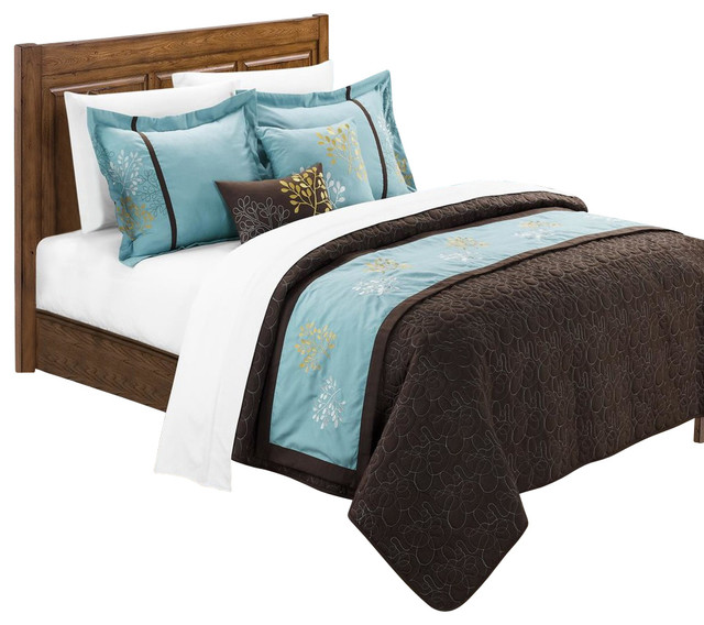 Kirsten Brown Aqua Queen 6Piece Embroidered Comforter Bed in a Bag Set