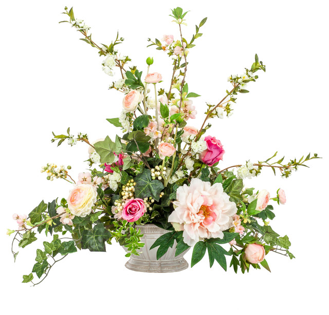Pink Rose Silk Floral Arrangement with Blossom Branch Traditional