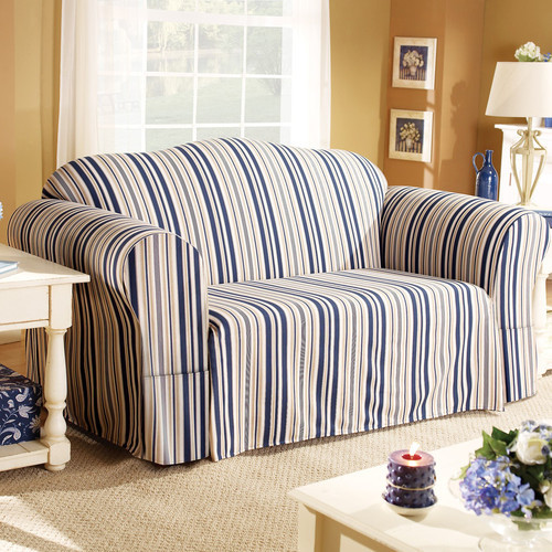 Indigo Blue Stripe Loveseat Skirted Slipcover Modern Loveseats by