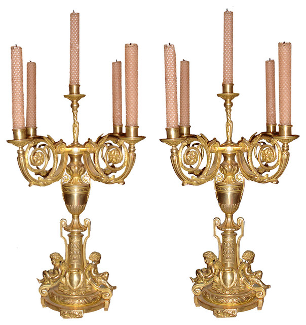 A Pair of 19th Century Italian Gilt Brass Candelabras Traditional Candleholders san