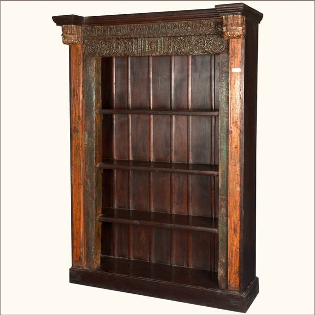French Gothic Reclaimed Wood 4-Shelf Open Display Bookcase traditional 