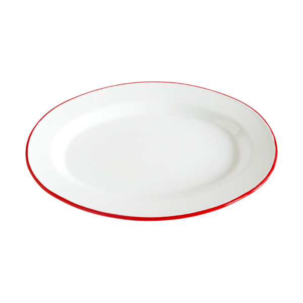 Enamelware Oval Dinner Plate, 12Inch, Set of 2, White and Red Rim