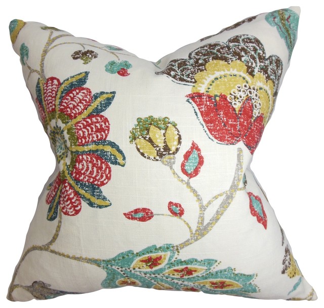 Jora Floral Pillow Red 18"x18" Traditional Decorative Pillows by