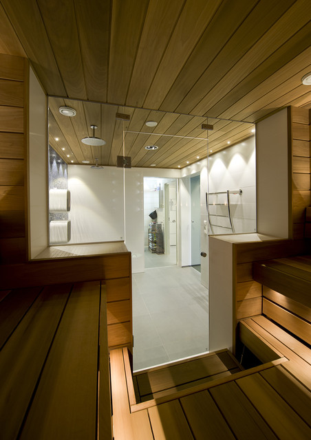 Swimming pool, shower room and sauna divided by glass doors