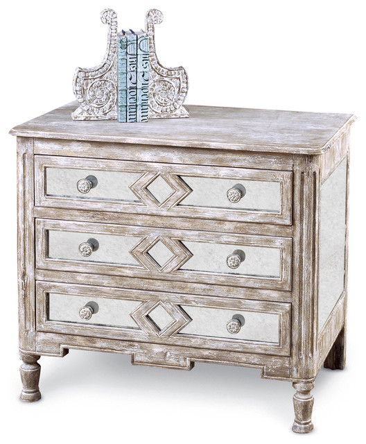 Calais French Country Diamond Antique Mirror Bedside Chest, Small