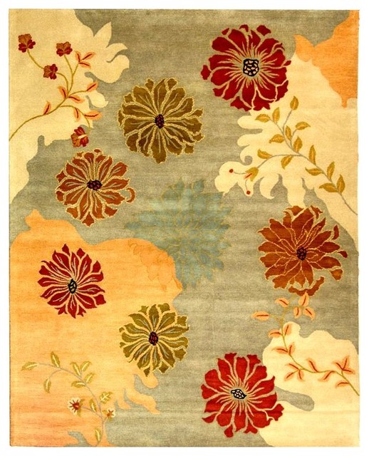Contemporary Red & Gold Floral Area Rug (6 ft. Round) Asian Area