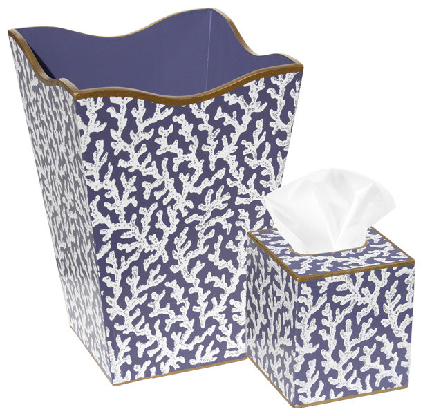 White Coral Blue Wastebasket and Tissue Box Set Bathroom Accessories