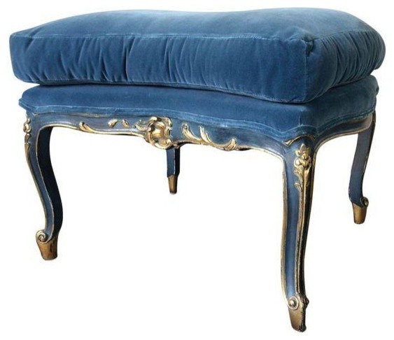 Vintage French Blue Velvet Ottoman - Victorian - Footstools And Ottomans