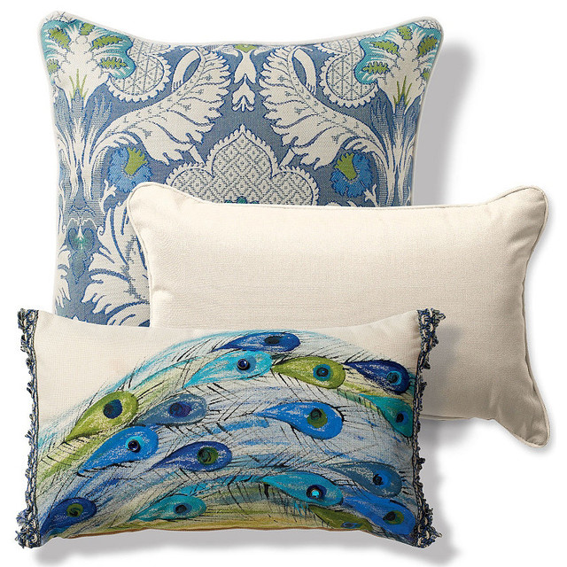 Set of Three Peacock Designer Pillows Traditional Outdoor Cushions