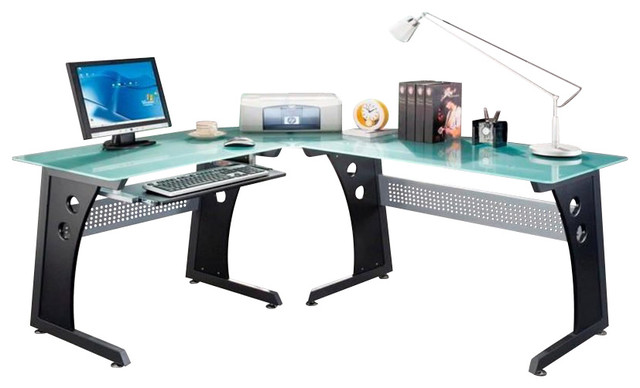 Techni Mobili L Shape Frosted Glass Metal Base Computer Techni Mobili Graphite Frosted Glass L Shaped Computer Desk