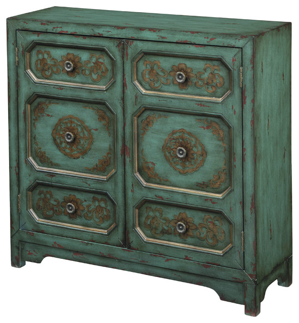 Hand Painted Distressed Antique Turquoise Blue Finish Accent Chest