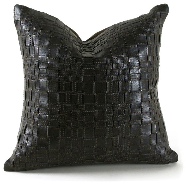 Basket Woven Leather Pillow, 18" x 9" Contemporary Decorative
