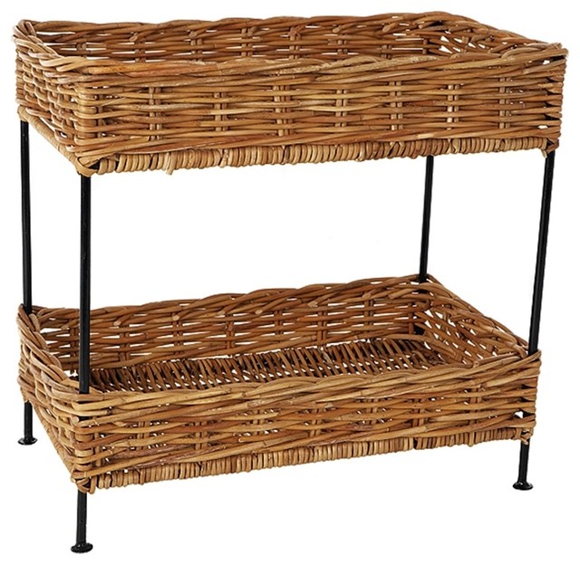 2 Tier Rectangular Rattan Basket Stand in Nat Contemporary Home