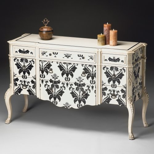 Butler Console Cabinet - Black-on-White Damask - traditional ...