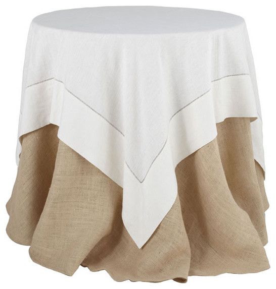 White Linen Hemstitch Overlay Tablecloth Large Traditional