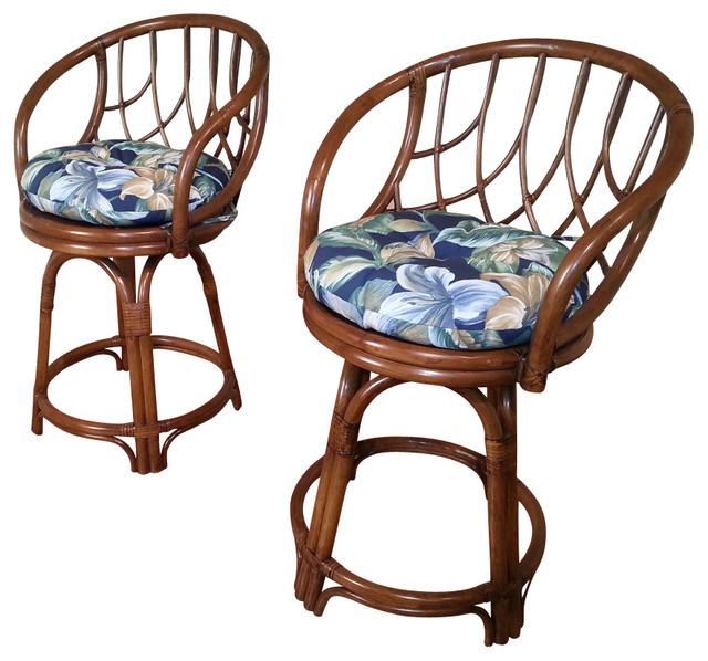 Rattan Swivel Counter Stools Set of 2 Tropical Bar Stools And
