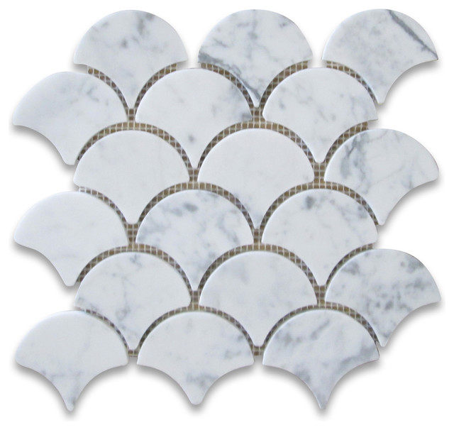 Carrara White Marble Grand Fish Scale Fan Shaped Mosaic Tile Honed
