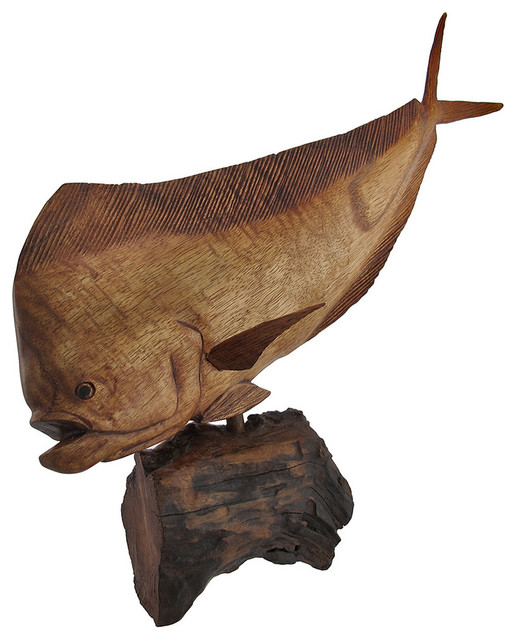 Carved Mahogany Mahi Dolphin Fish Statue Ocean Decor - Tropical 