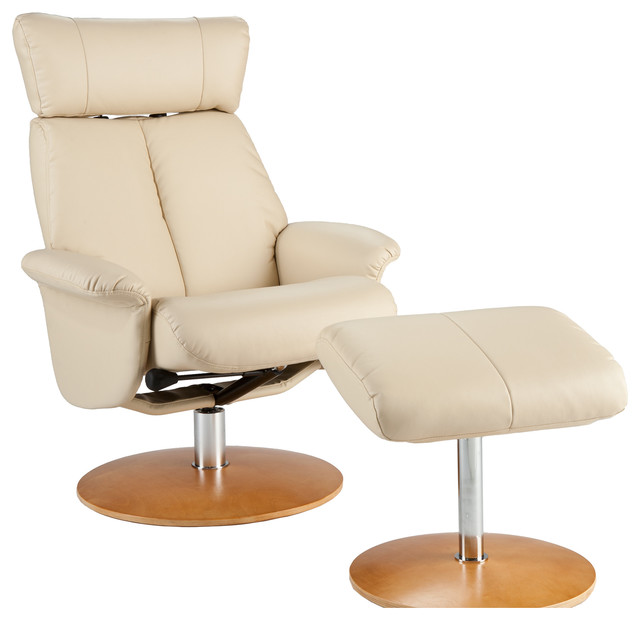 Leather Recliner and Ottoman, French Vanilla Contemporary Living Room Chairs by