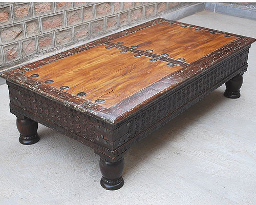 Rustic Carved Wood Coffee Table