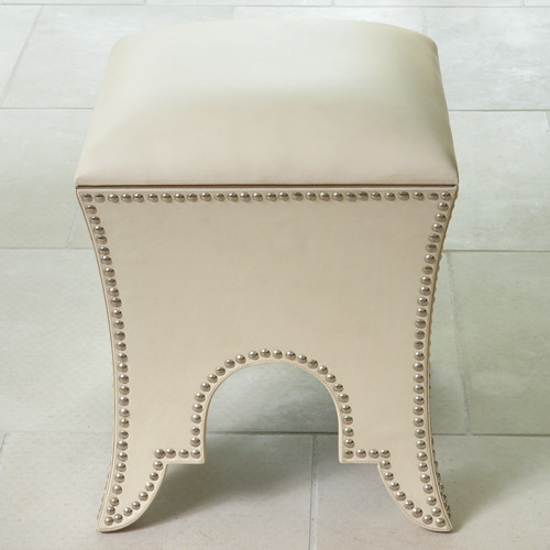 Moroccan Cowhide Leather Poof in Beige Leather footstools-and-ottomans