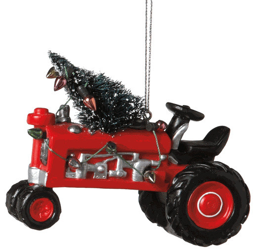 Red Tractor with Christmas Tree & Lights Ornament John Deere Farm