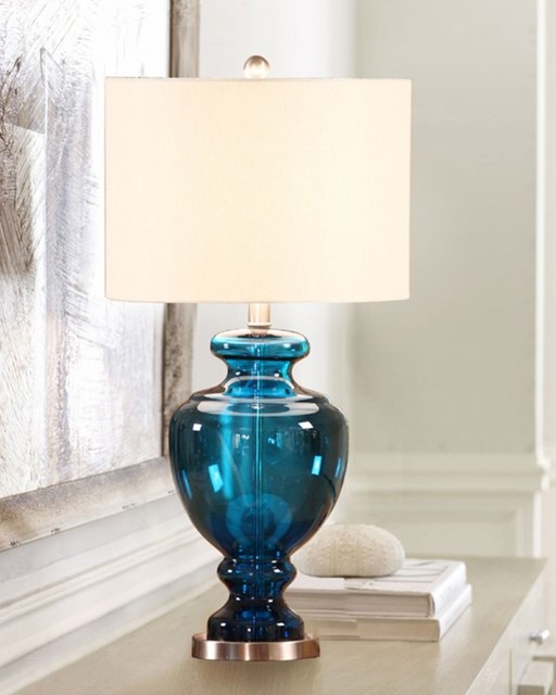 Blue Glass Trophy Base Table Lamp With Linen Shade Beach Style Table Lamps Raleigh By 5966