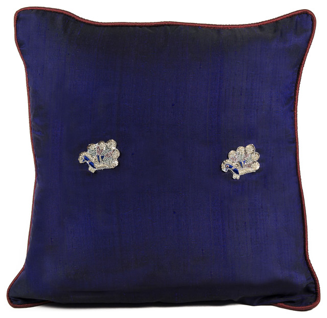 Peacock Sage Silk Pillow, Royal Blue - Asian - Decorative Pillows - by De-cor