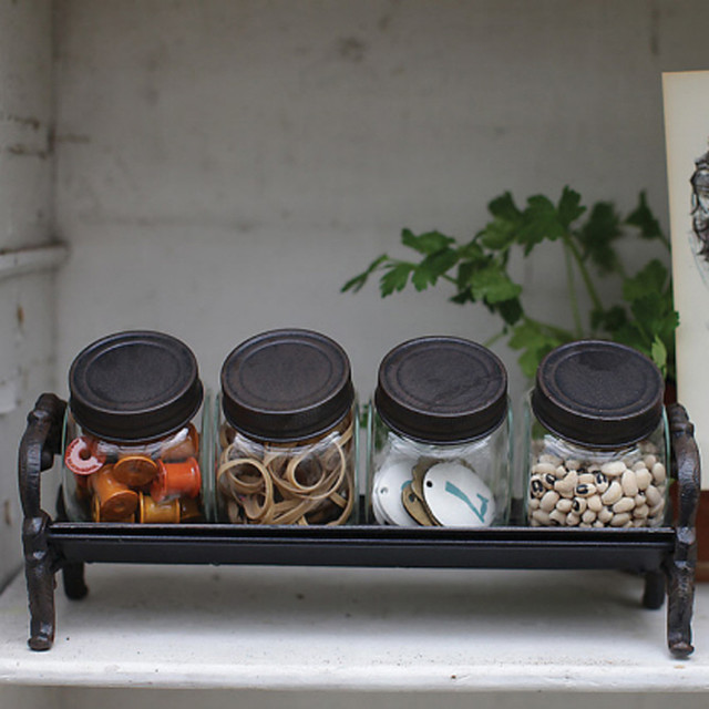 Decorative Glass Jars with Cast Iron Rack Rustic Kitchen Canisters