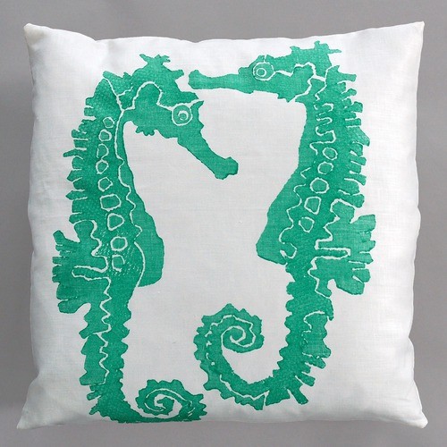 Seahorse Turquoise Pillow on White Linen - Modern - Decorative Pillows - by AllModern