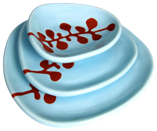 Set Of 3 Ceramic Serving Dishes Abstract Berries In Red And Sky Blue