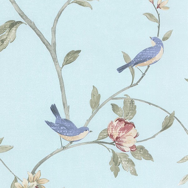Blue Birds in Blossoming Trees Wallpaper Traditional Wallpaper