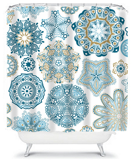 Shower Curtain Flower Navy Aqua 71x74 Bathroom Decor Made in the USA
