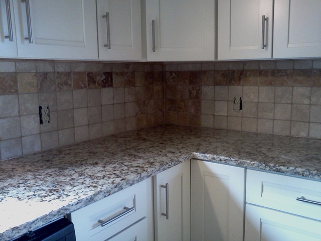 Travertine limestone backsplash contemporary kitchen
