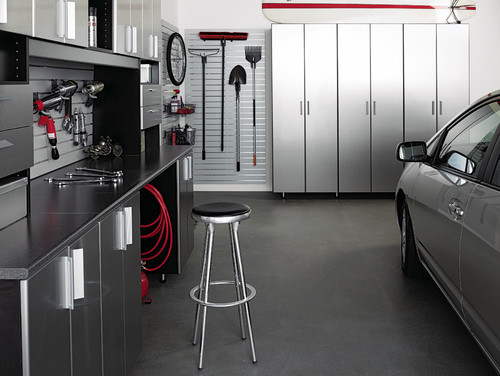 Garage storage with silver cabinets