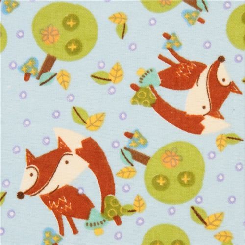 Blue Fox Forest Tree Animal Flannel Fabric Fox Toss Usa - Fabric