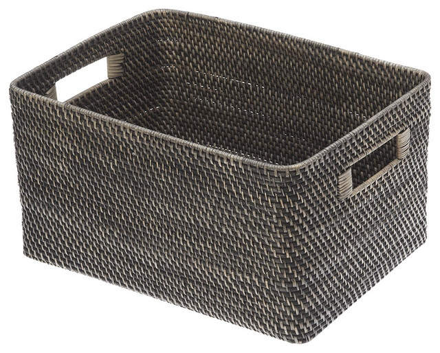 Rectangular Rattan Storage Basket, Black Antique Contemporary