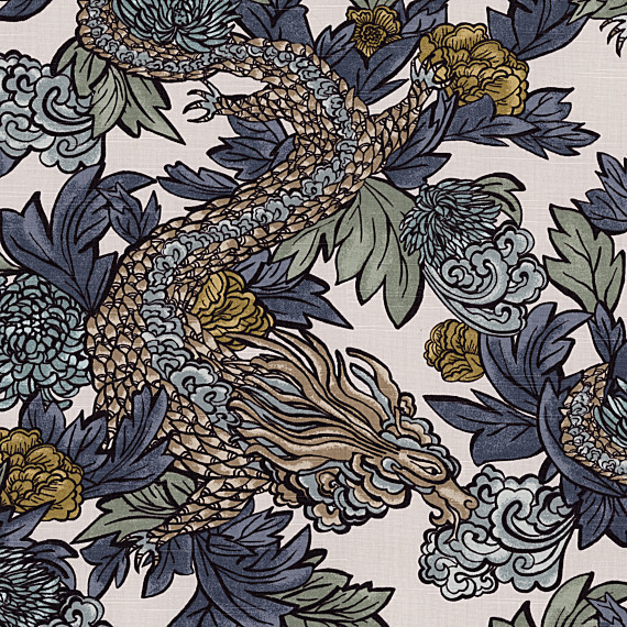 Aqua Chinoiserie Dragon Fabric - Modern - Upholstery Fabric - by Loom Decor